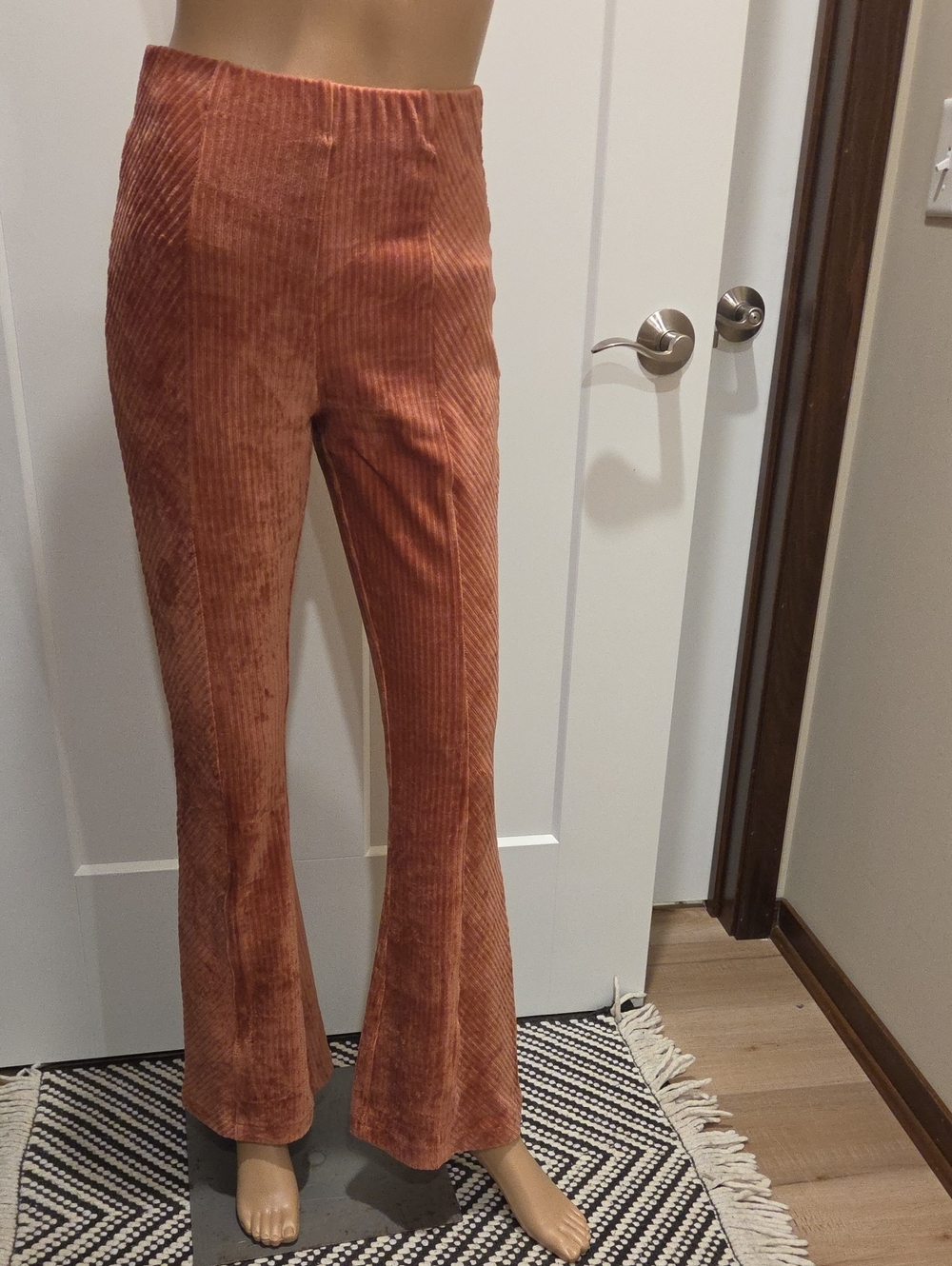 Ribbed Velvet Flare Pants in Rust